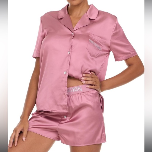 True Religion Other - True Religion Pink Stretch Satin Boxer Pajamas with Notch Collar Button down Top